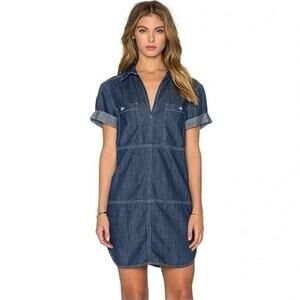 7 For All Mankind Denim Shirt Dress Womens Large Blue Short Sleeve V-Neck Cotton
